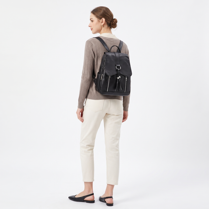 Women's Faux Leather Tassel Flap Backpack, worn from behind