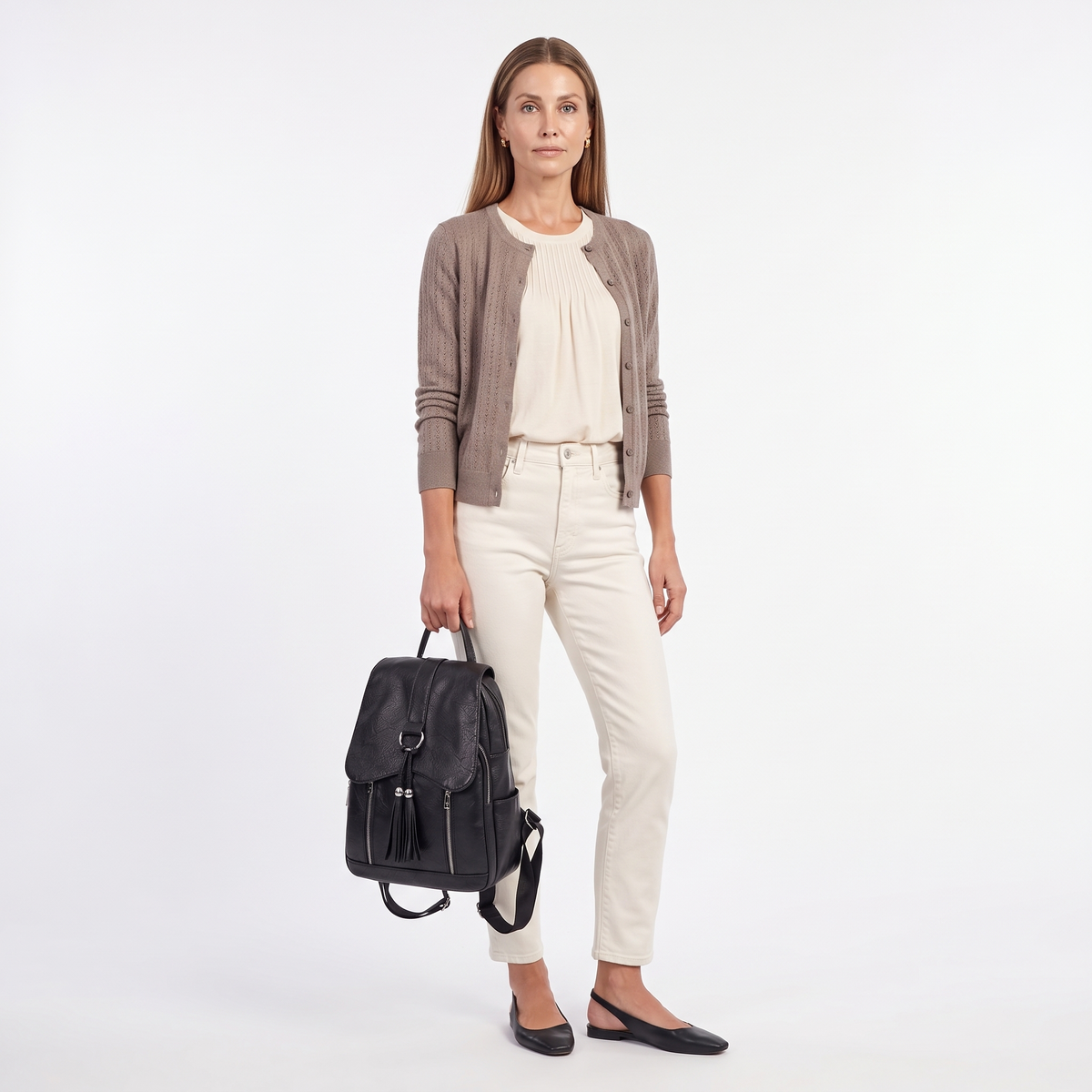 Women's Faux Leather Tassel Flap Backpack, worn by a model