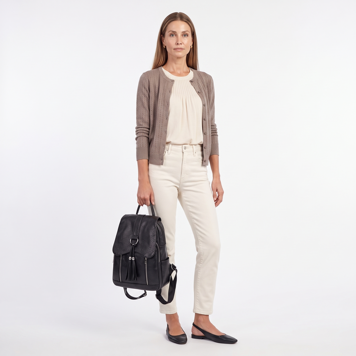 Women's Faux Leather Tassel Flap Backpack, worn by a model