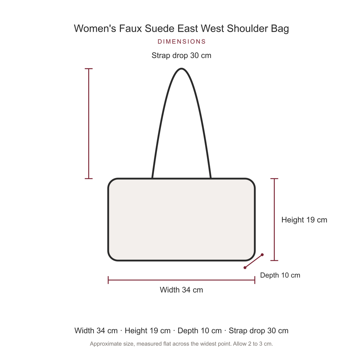 Women's Faux Suede East West Shoulder Bag, dimensions