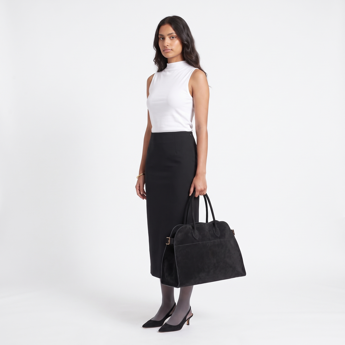 Women's Faux Suede Top Handle Tote Bag, worn by a model