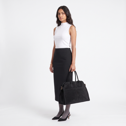 Women's Faux Suede Top Handle Tote Bag, worn by a model