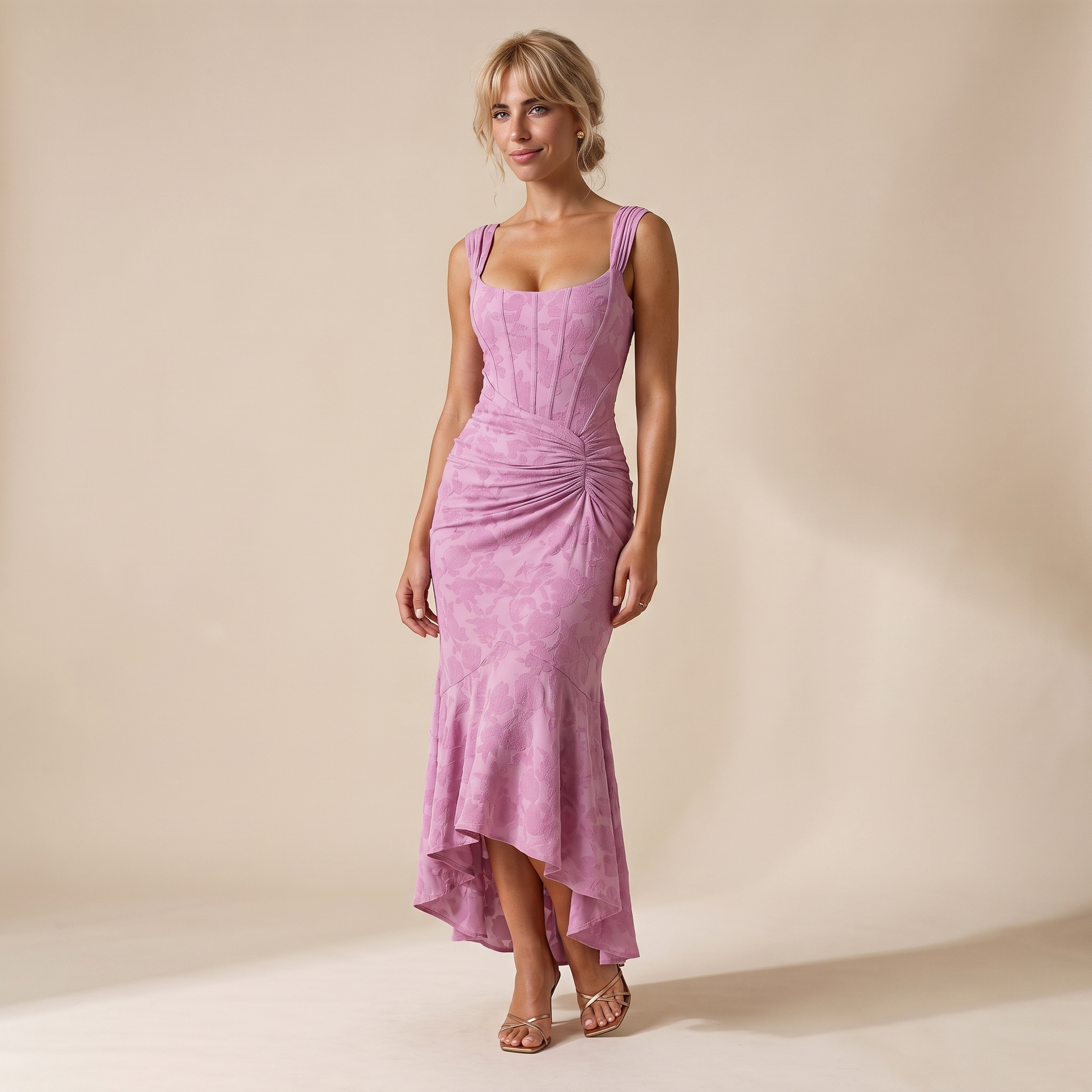 Sunoire women s floral corset maxi dress with asymmetrical hem sculpted silhouette front hero 01