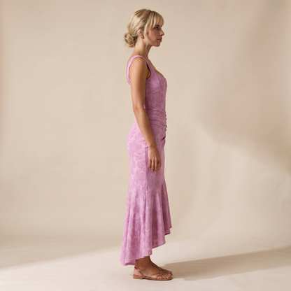Sunoire women s floral corset maxi dress with asymmetrical hem sculpted silhouette side view 01
