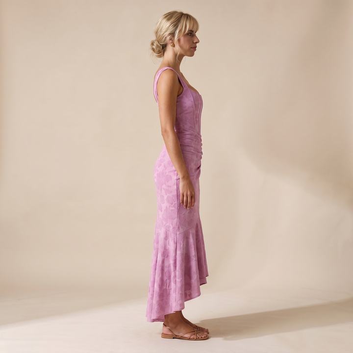 Sunoire women s floral corset maxi dress with asymmetrical hem sculpted silhouette side view 01