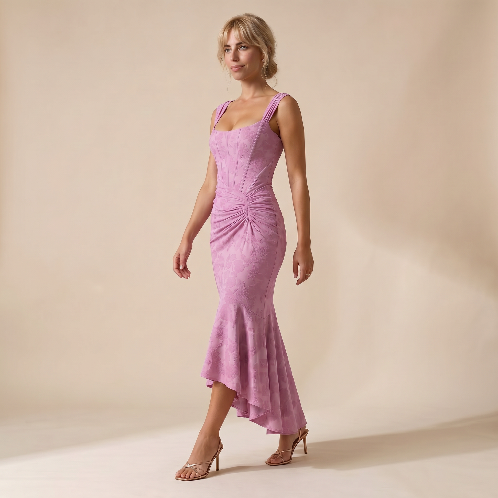 Sunoire women s floral corset maxi dress with asymmetrical hem sculpted silhouette three quarter 01