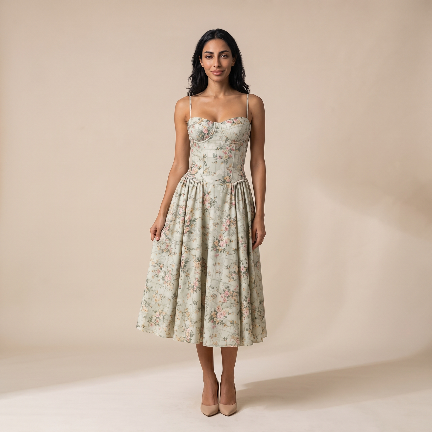 Sunoire women s floral corset midi dress sweetheart neck wedding guest style front hero 01
