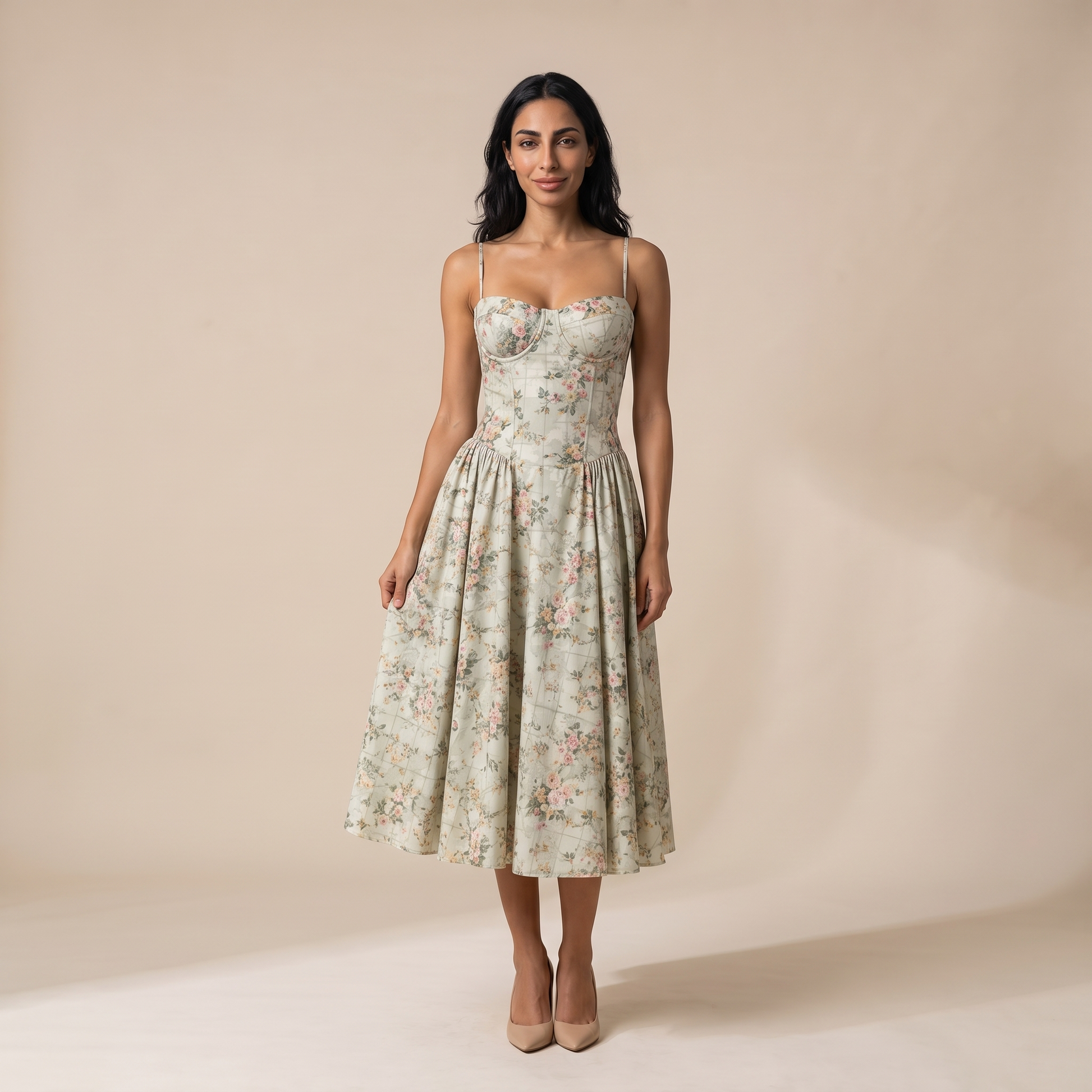Sunoire women s floral corset midi dress sweetheart neck wedding guest style front hero 01
