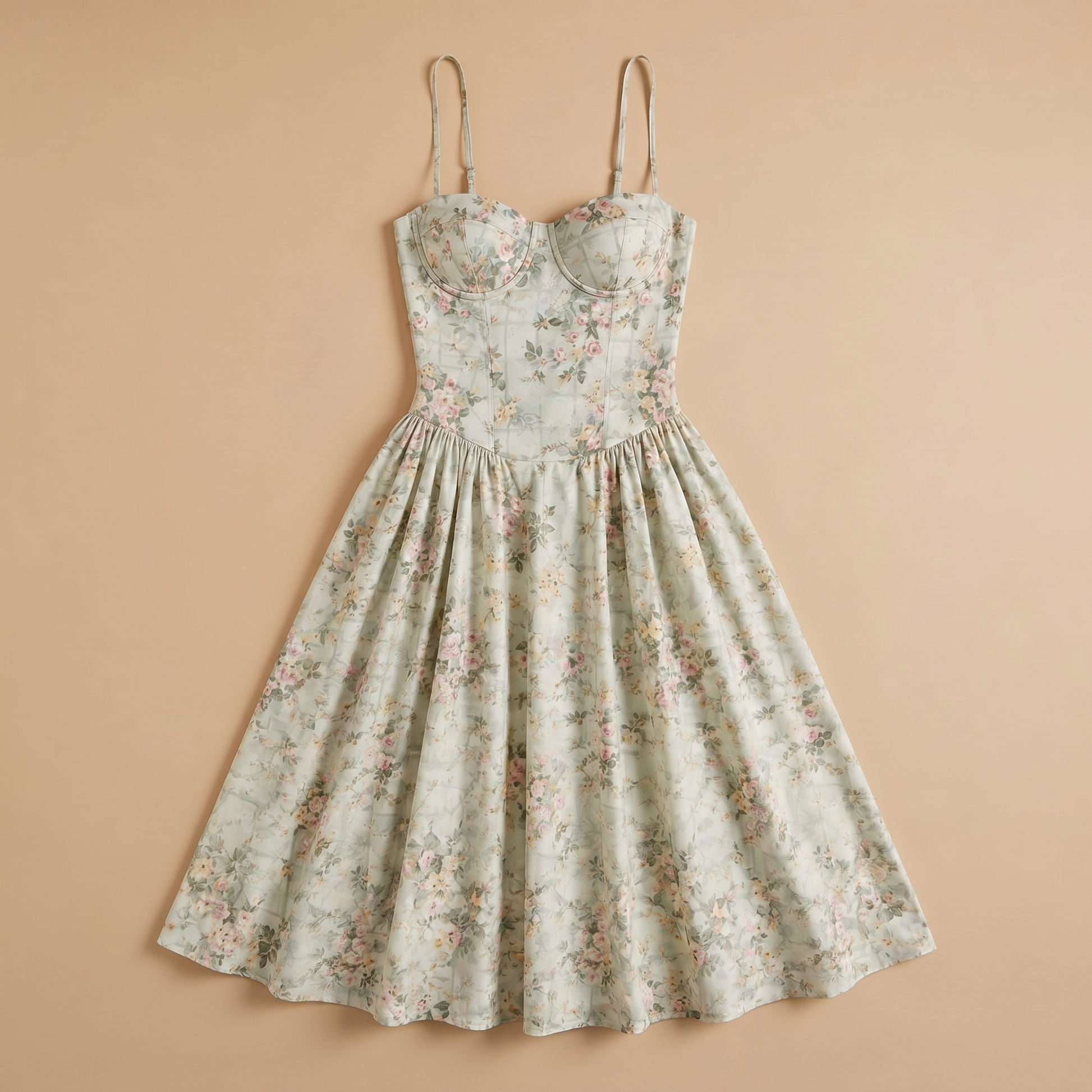 Sunoire women s floral corset midi dress sweetheart neck wedding guest style garment flatlay 01