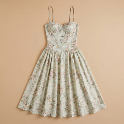 Sunoire women s floral corset midi dress sweetheart neck wedding guest style garment flatlay 01