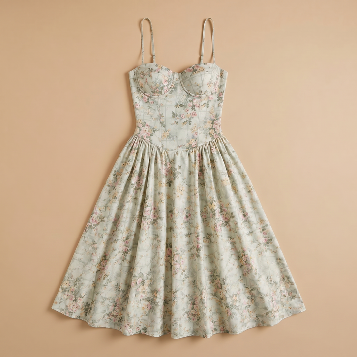 Sunoire women s floral corset midi dress sweetheart neck wedding guest style garment flatlay 01