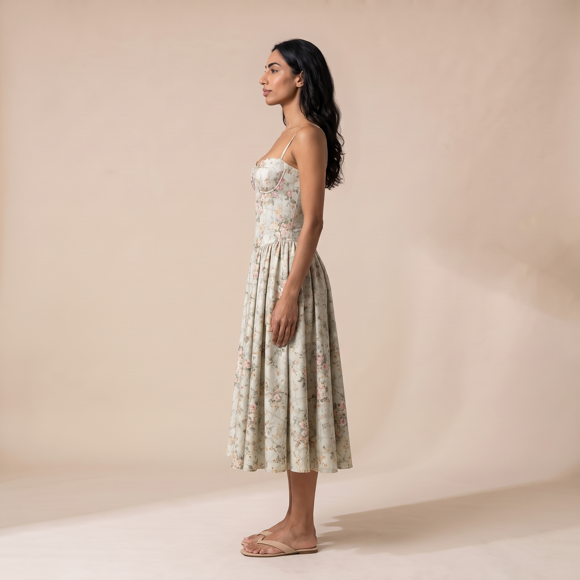 Vintage Floral Corset Midi Dress – Sage Green Garden Party Sundress for Women – Sunoire