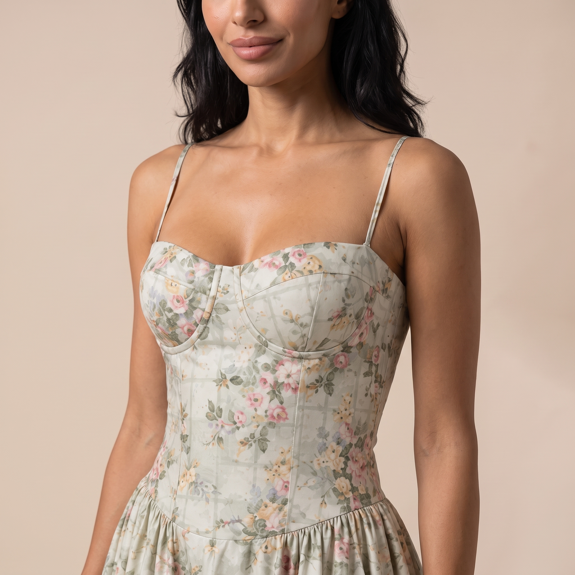 Sunoire women s floral corset midi dress sweetheart neck wedding guest style worn detail 01