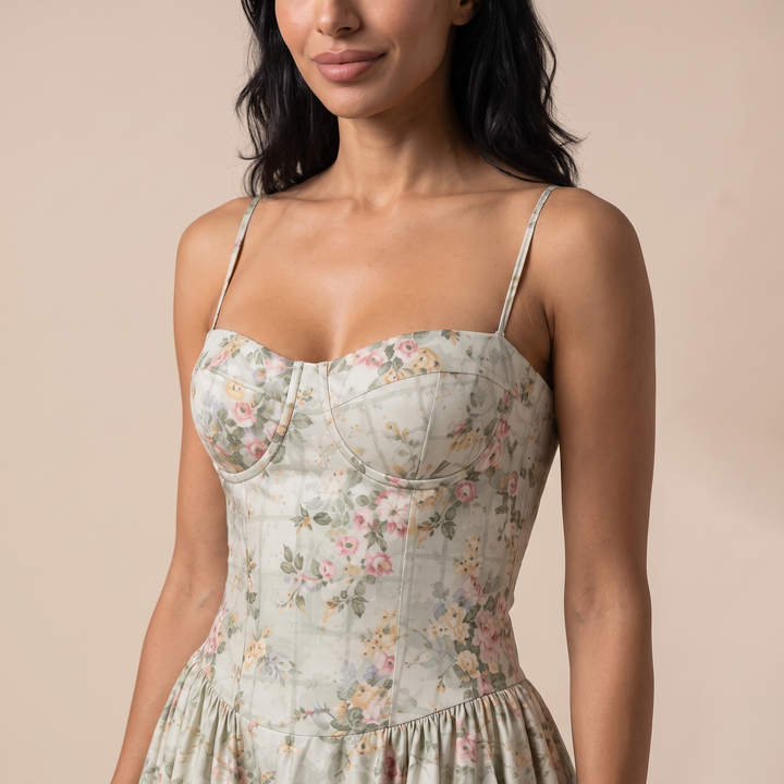 Sunoire women s floral corset midi dress sweetheart neck wedding guest style worn detail 01