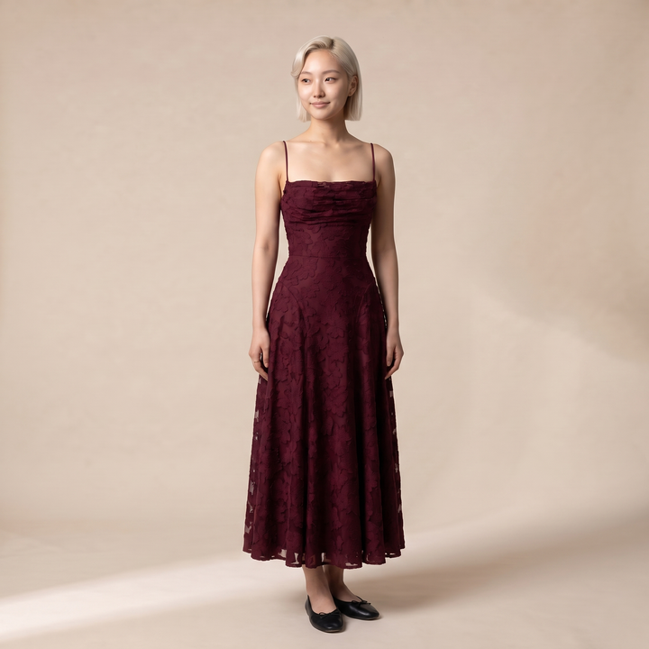 Aroven Blush Pink Floral Ruched Maxi Dress — Burgundy