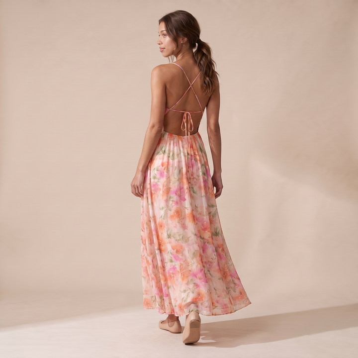 Sunoire women s floral v neck maxi dress flowing silhouette back view 01