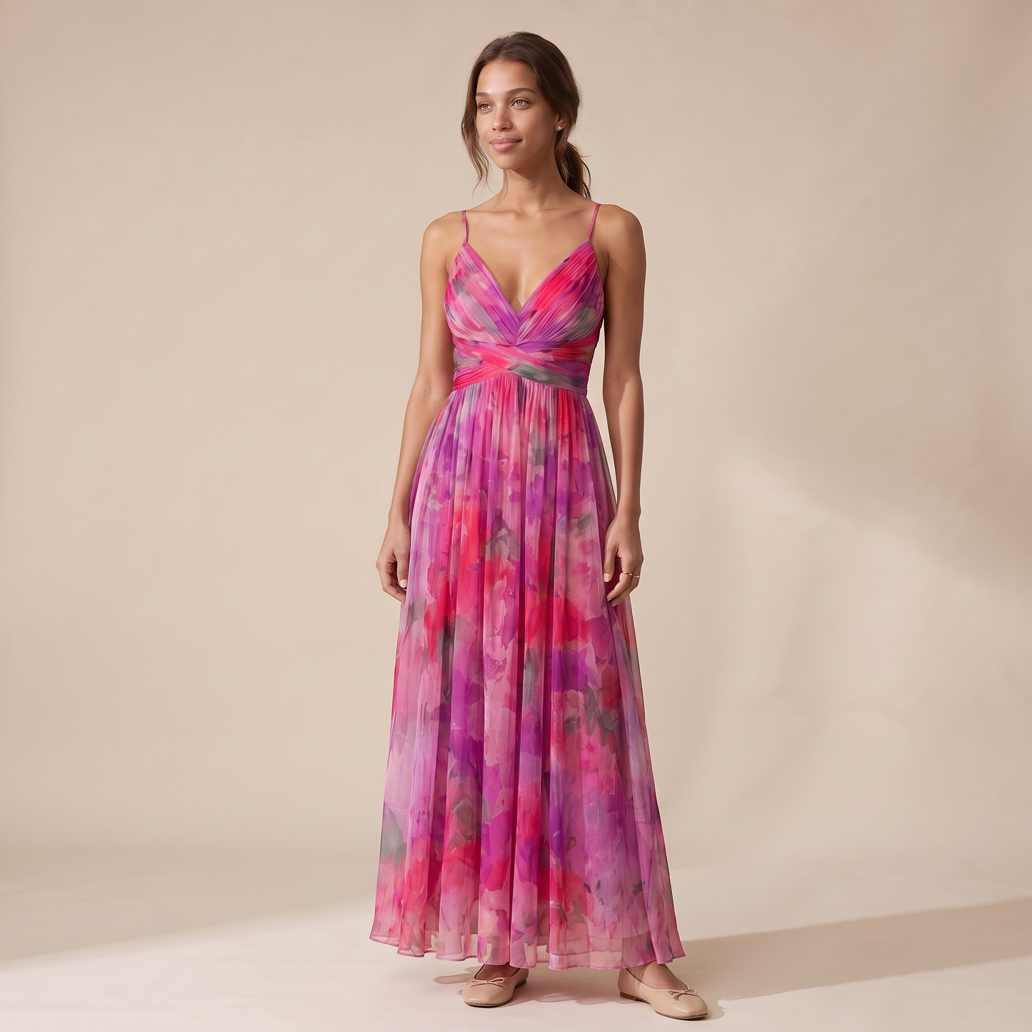 Sunoire women s floral v neck maxi dress flowing silhouette colorway pink magenta front hero 01