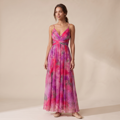 Sunoire women s floral v neck maxi dress flowing silhouette colorway pink magenta front hero 01