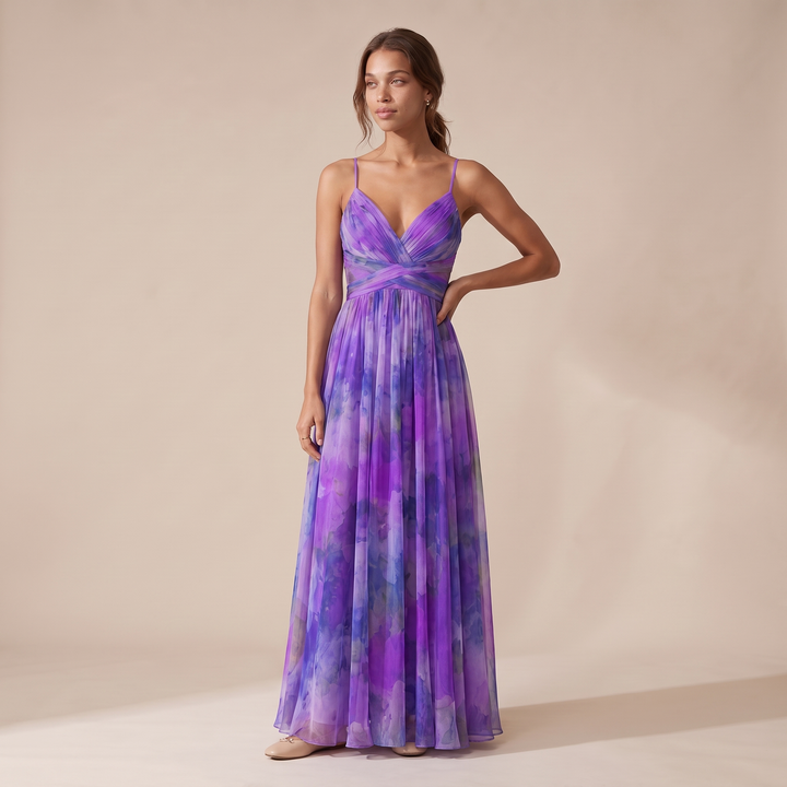 Sunoire women s floral v neck maxi dress flowing silhouette colorway purple front hero 01