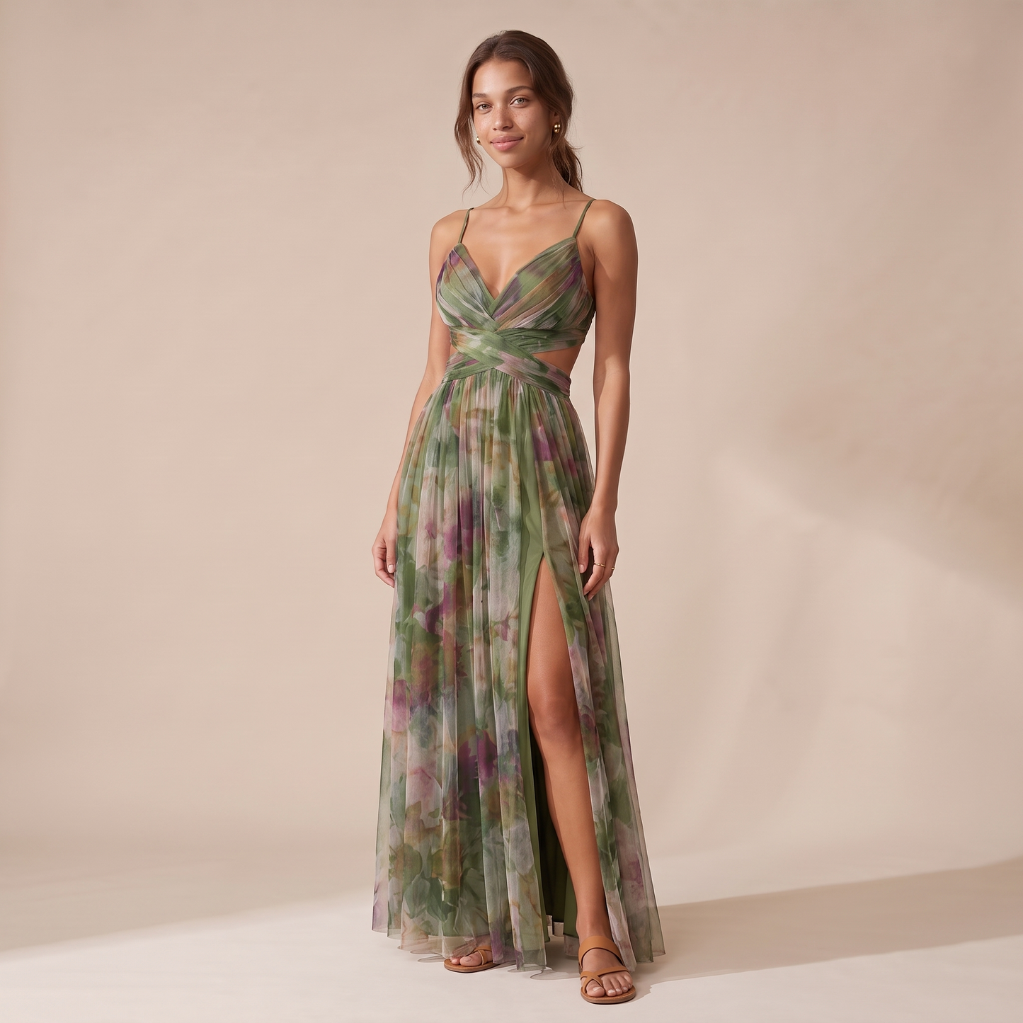 Sunoire women s floral v neck maxi dress flowing silhouette colorway sage green front hero 01