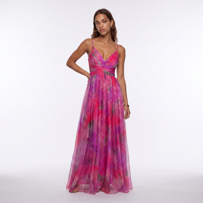 Sunoire women s floral v neck maxi dress flowing silhouette colorway pink magenta front hero 01