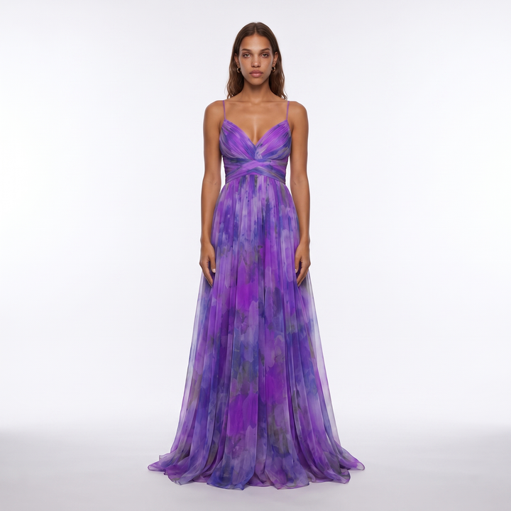 Sunoire women s floral v neck maxi dress flowing silhouette colorway purple front hero 01