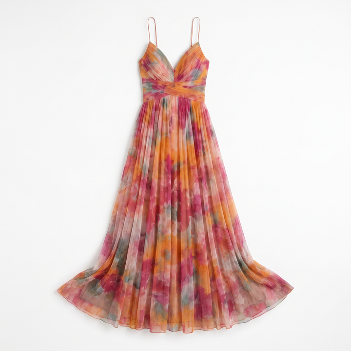 Sunoire women s floral v neck maxi dress flowing silhouette garment flatlay 01