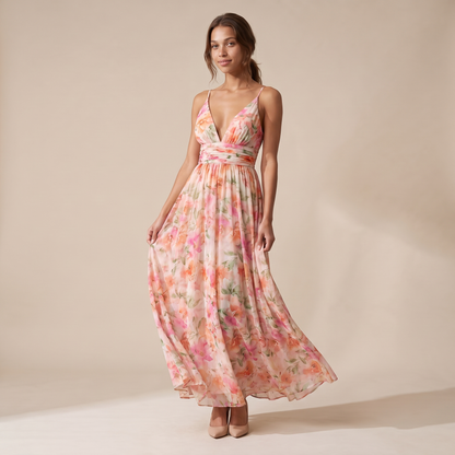 Sunoire women s floral v neck maxi dress flowing silhouette front hero 01
