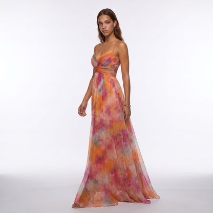 women s floral v neck maxi dress flowing silhouette in Three Quarter View colorway image