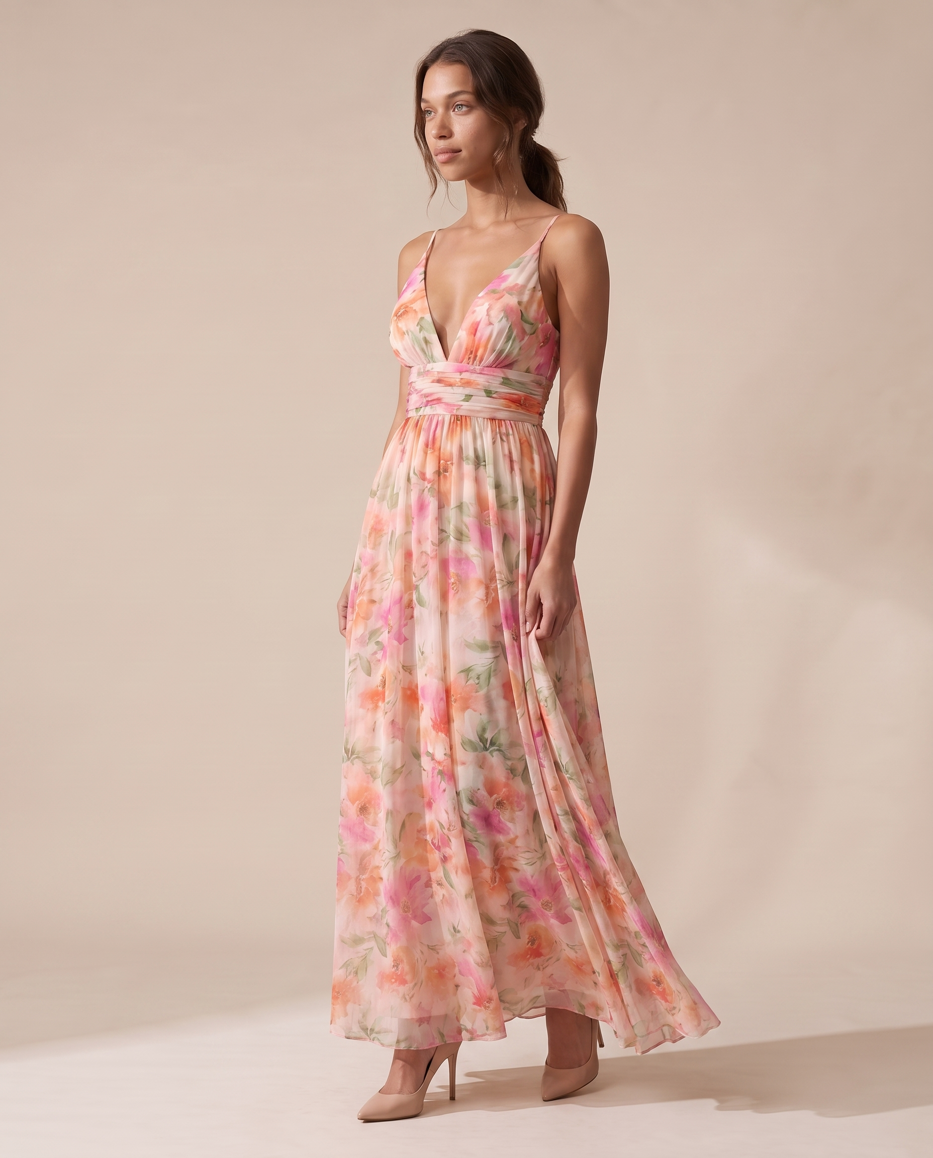 women s floral v neck maxi dress flowing silhouette in Three Quarter View colorway image