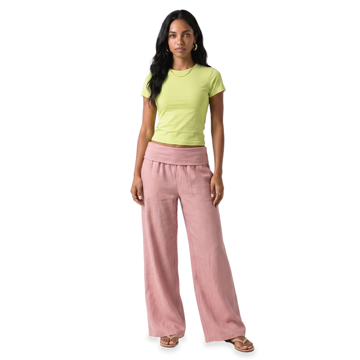 Sunoire white foldover wide leg pants colorway pink front crop 01
