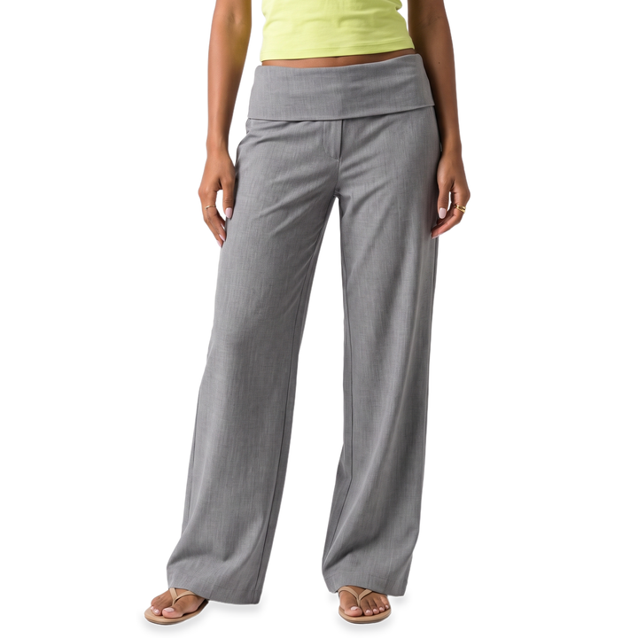 Women's Foldover Low Rise Wide Leg Trousers – White Everyday Casual Pants — Silver