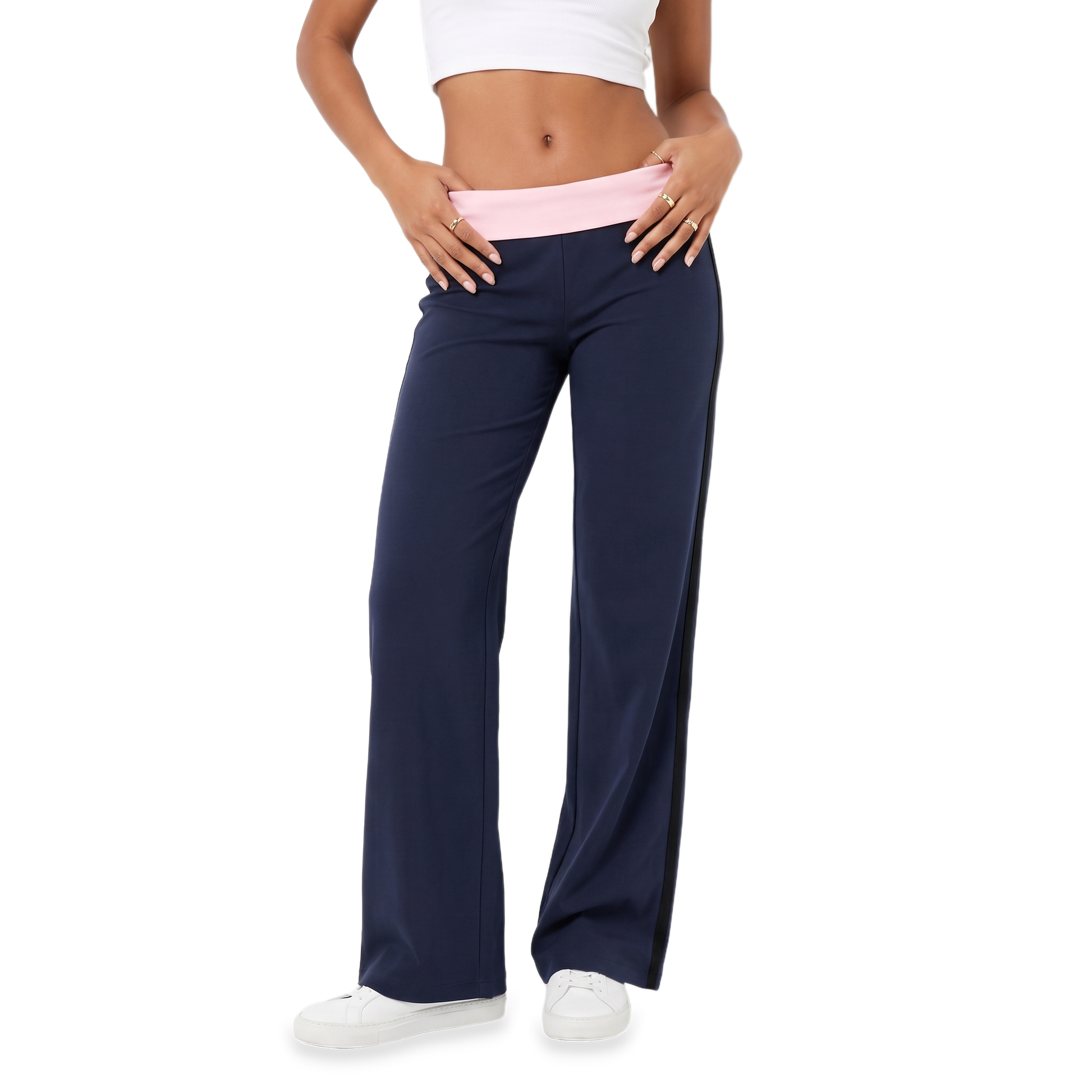 Sunoire navy foldover colorblock pants bottom front crop 01