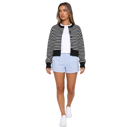 Sunoire wine knit crop cardigan colorway black stripe front crop 01