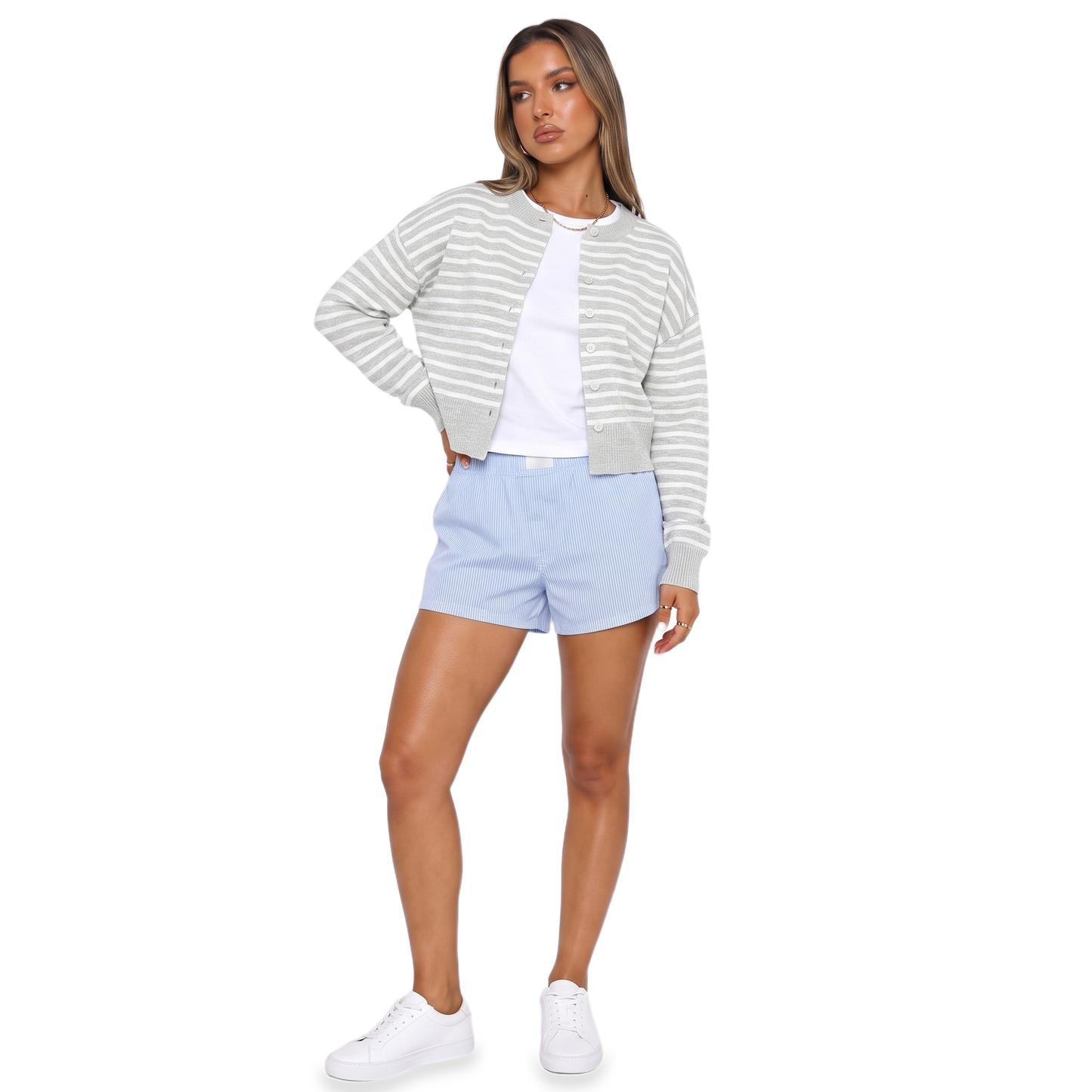 Sunoire wine knit crop cardigan colorway light gray stripe front crop 01