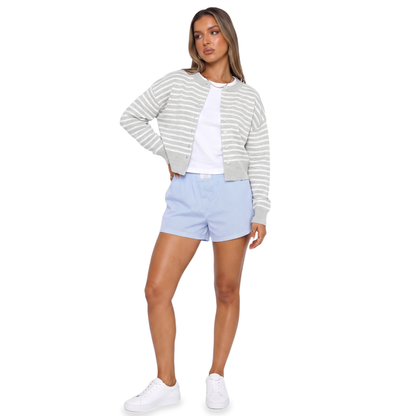 Sunoire wine knit crop cardigan colorway light gray stripe front crop 01
