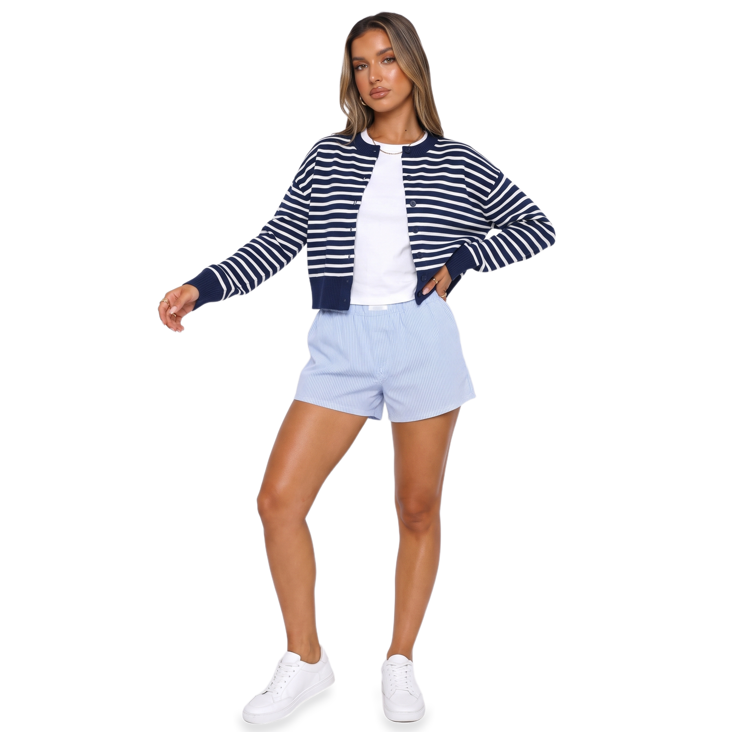 Sunoire wine knit crop cardigan colorway navy stripe front crop 01