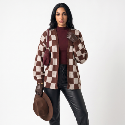 Sunoire women s knitted cardigan women s clash color stitching checkerboard loose casual sweater jacket colorway white 1 front hero 01
