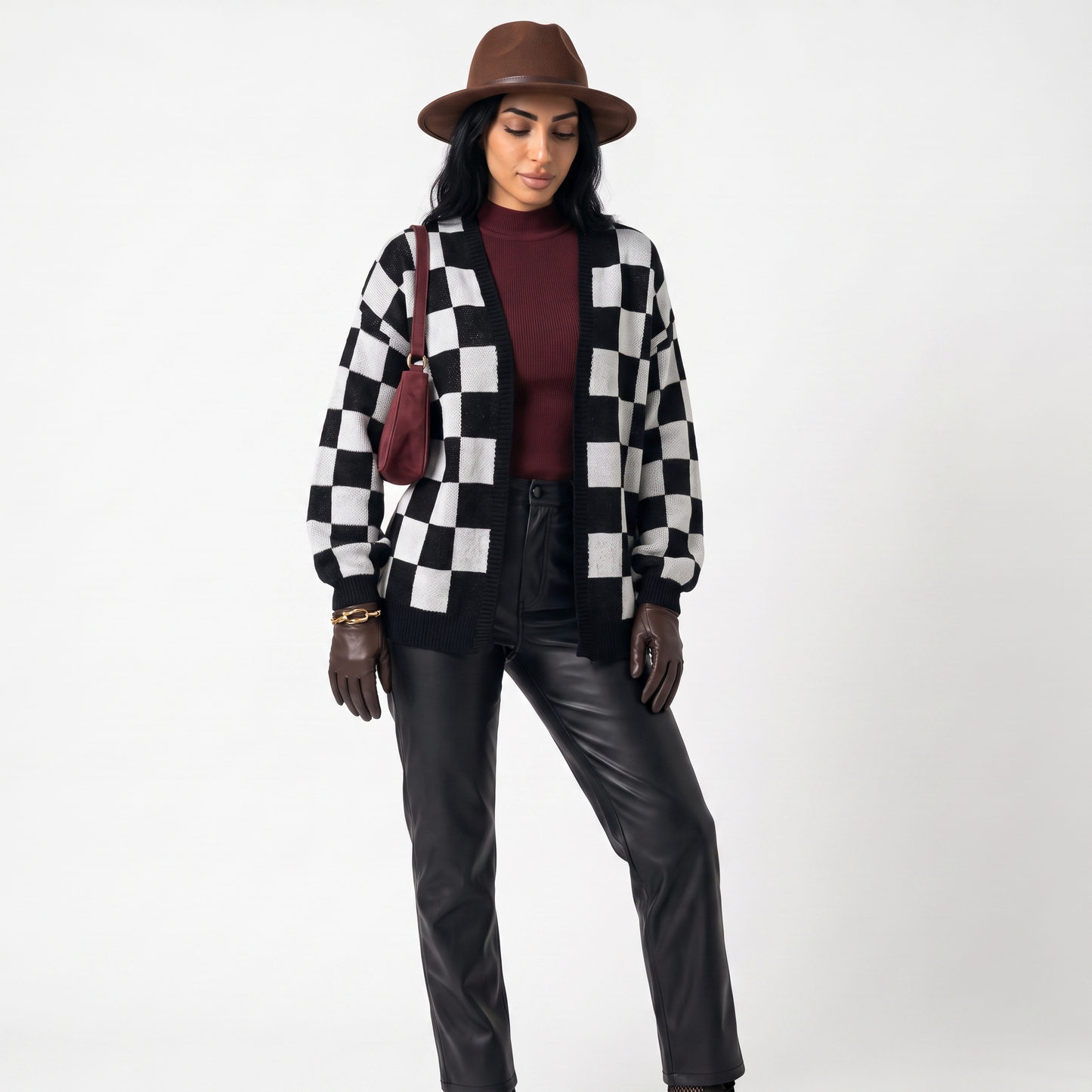 Sunoire women s knitted cardigan women s clash color stitching checkerboard loose casual sweater jacket colorway white 2 front hero 01