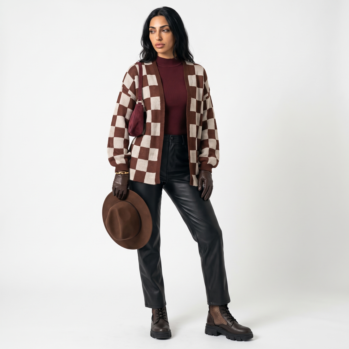 Sunoire women s knitted cardigan women s clash color stitching checkerboard loose casual sweater jacket front hero 01