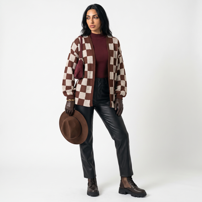 Sunoire women s knitted cardigan women s clash color stitching checkerboard loose casual sweater jacket front hero 01