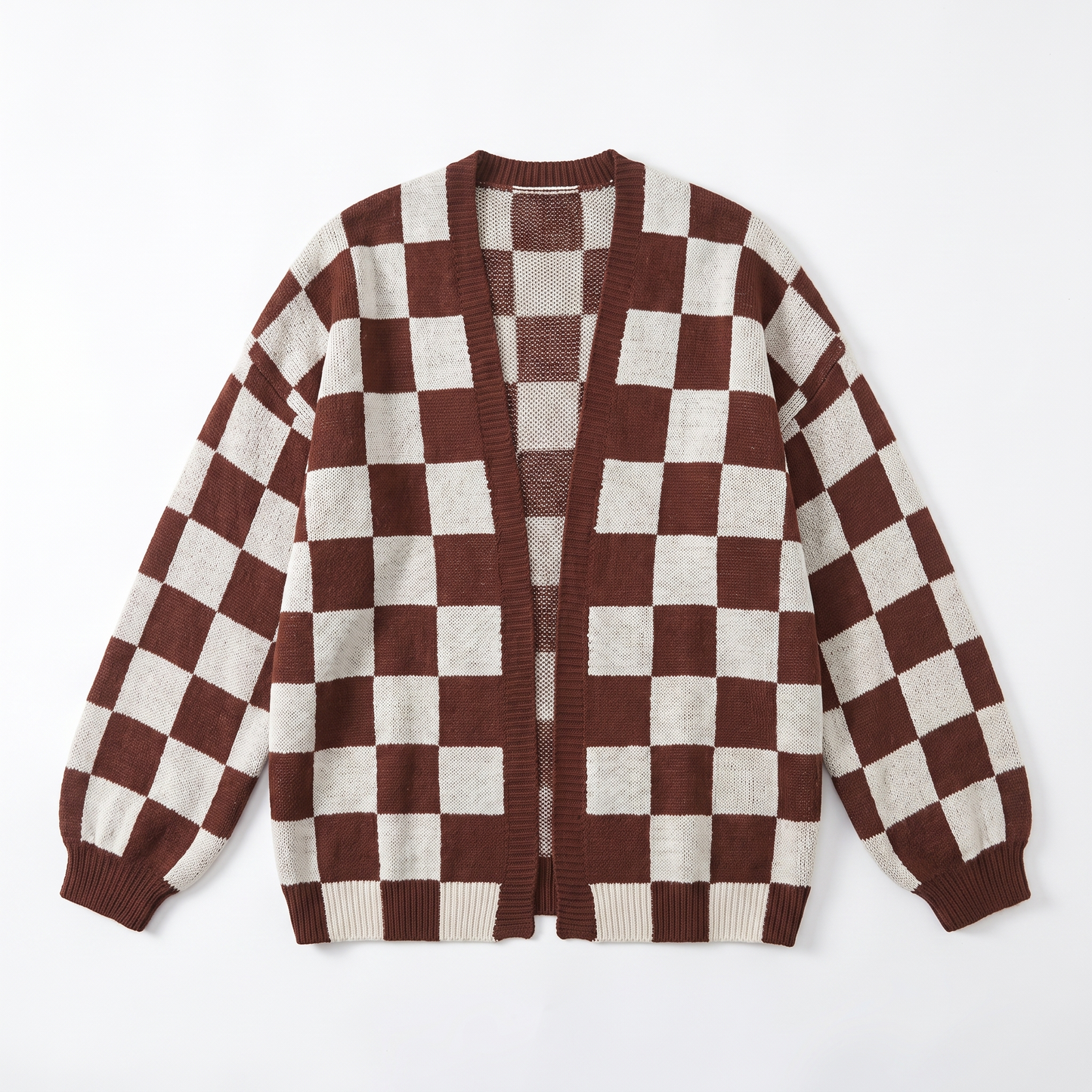 Sunoire women s knitted cardigan women s clash color stitching checkerboard loose casual sweater jacket garment flatlay 01