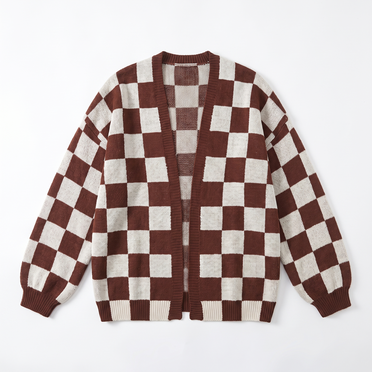 Sunoire women s knitted cardigan women s clash color stitching checkerboard loose casual sweater jacket garment flatlay 01