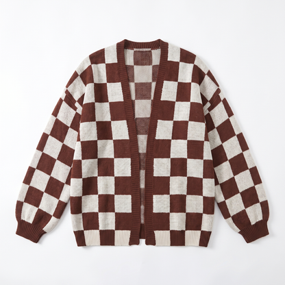Sunoire women s knitted cardigan women s clash color stitching checkerboard loose casual sweater jacket garment flatlay 01