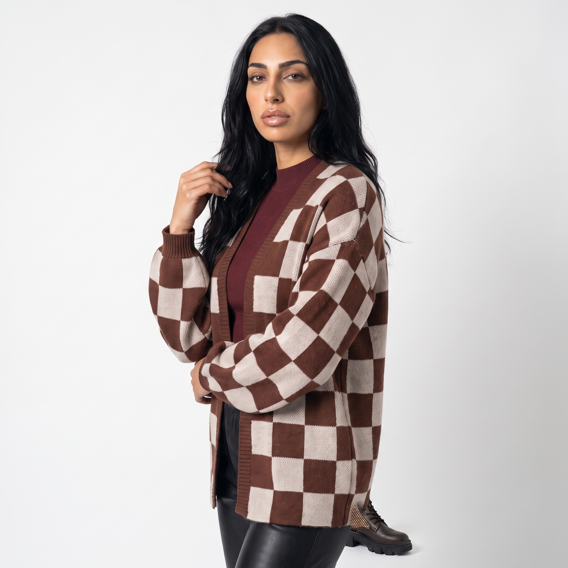 Sunoire women s knitted cardigan women s clash color stitching checkerboard loose casual sweater jacket top crop 3q 01
