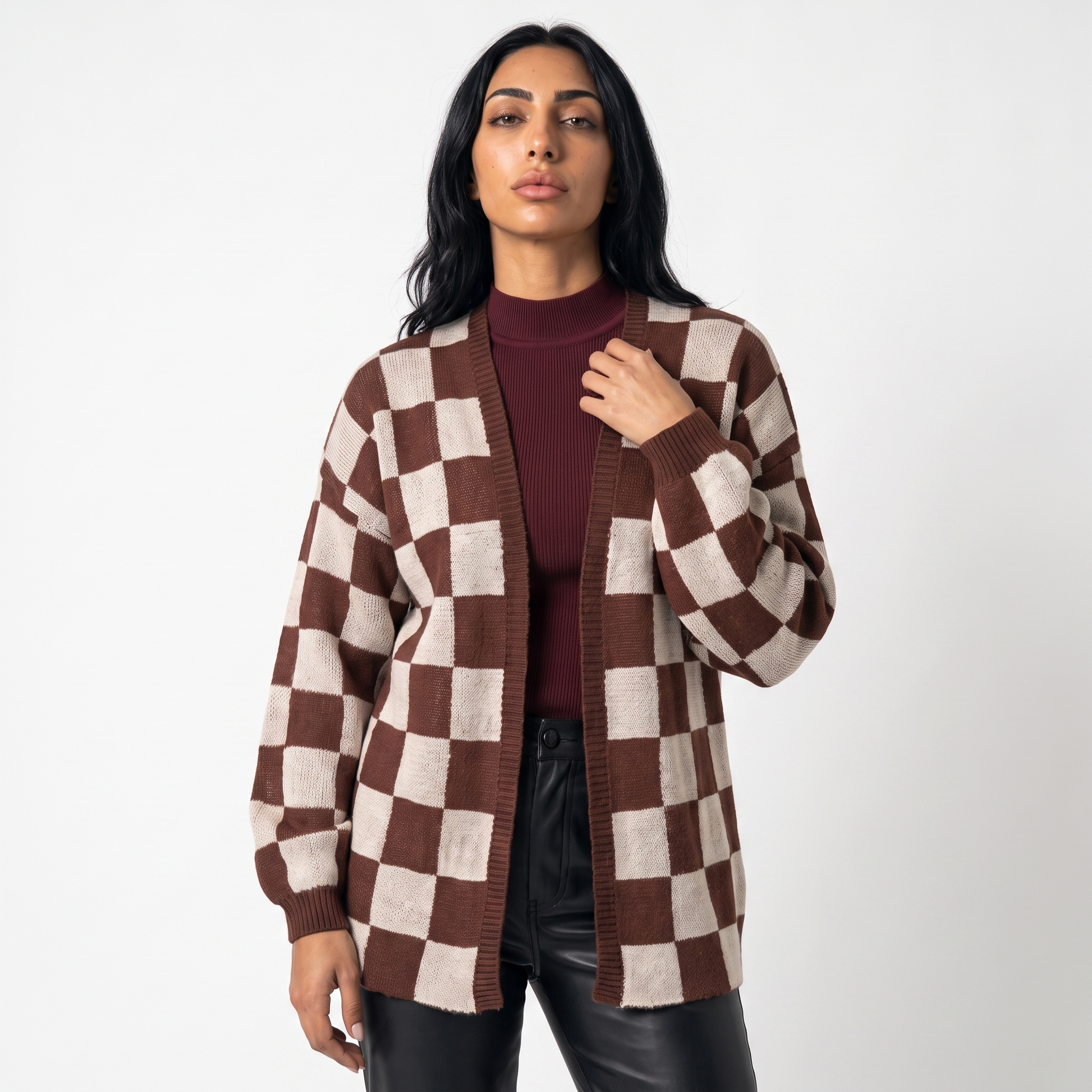 Sunoire women s knitted cardigan women s clash color stitching checkerboard loose casual sweater jacket top front crop 01