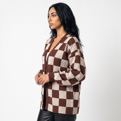 Sunoire women s knitted cardigan women s clash color stitching checkerboard loose casual sweater jacket top side crop 01