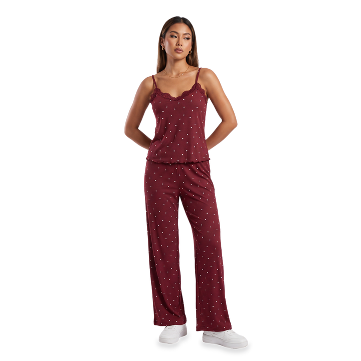 Sunoire wine lace trim heart print pajama set front hero 01