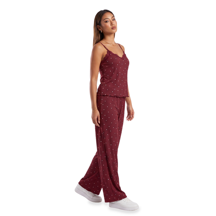 Sunoire wine lace trim heart print pajama set three quarter 01