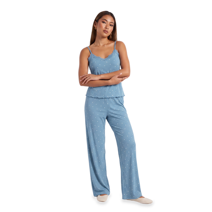 Women's Lace Trim Strappy Set – Wine Loungewear — Light Blue